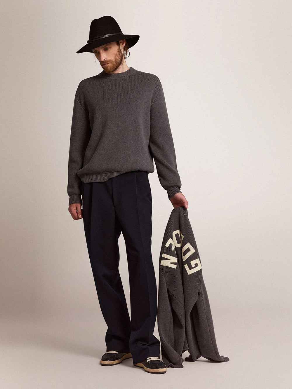 Golden Goose Men's round-neck sweater in dark gray cotton with logo on the back