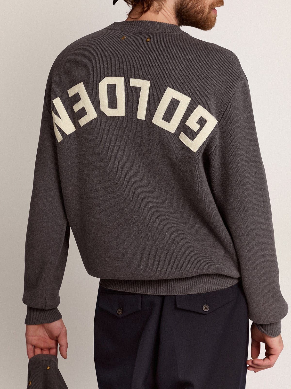 Golden Goose Men's round-neck sweater in dark gray cotton with logo on the back