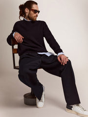 Golden Goose Men's round-neck sweater in dark blue cotton with logo