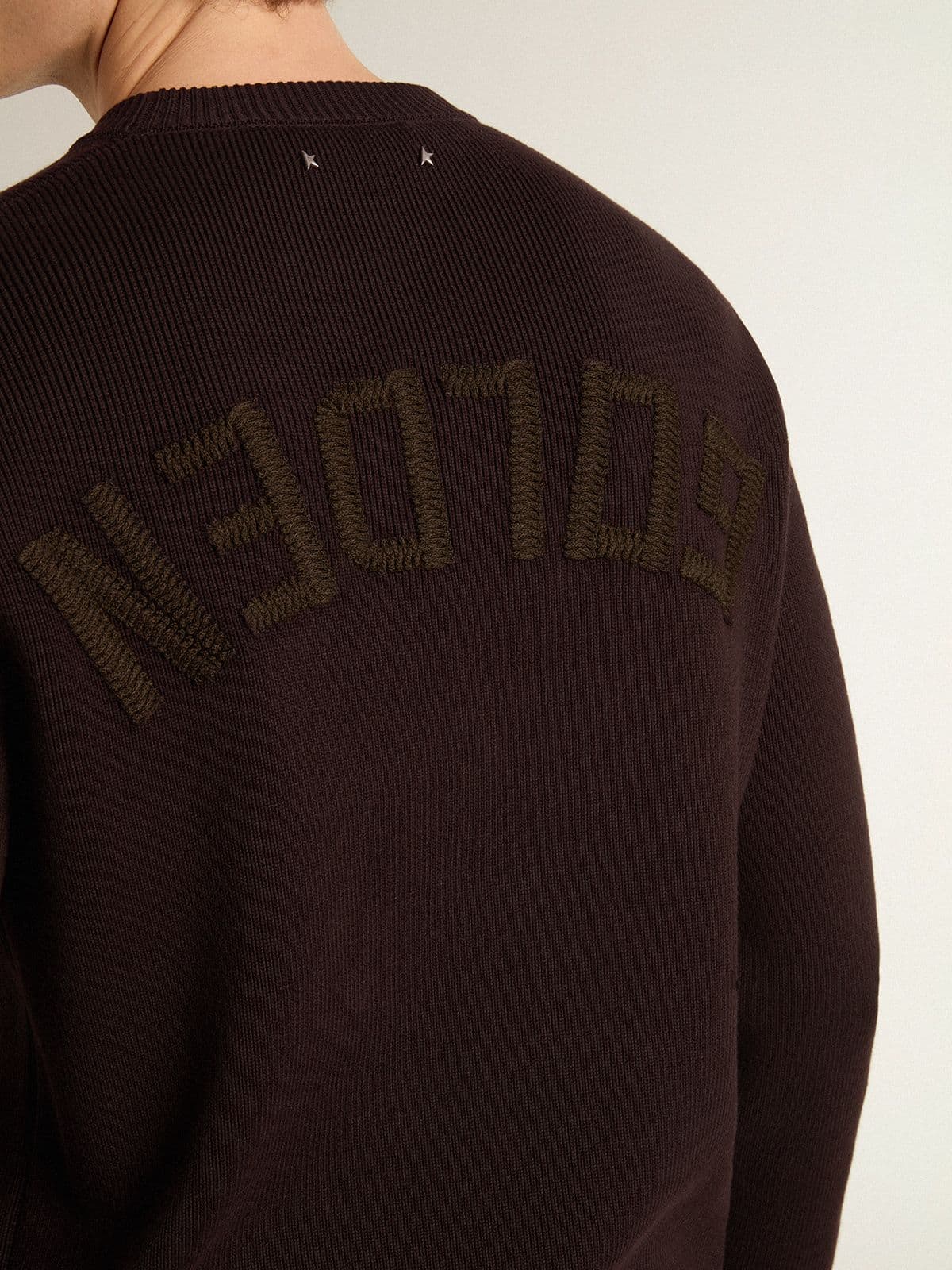 Golden Goose Men's brown crew-neck sweater with 'Golden' lettering on the back