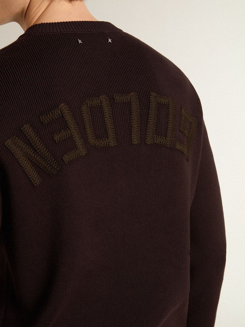 Golden Goose Men's brown crew-neck sweater with 'Golden' lettering on the back