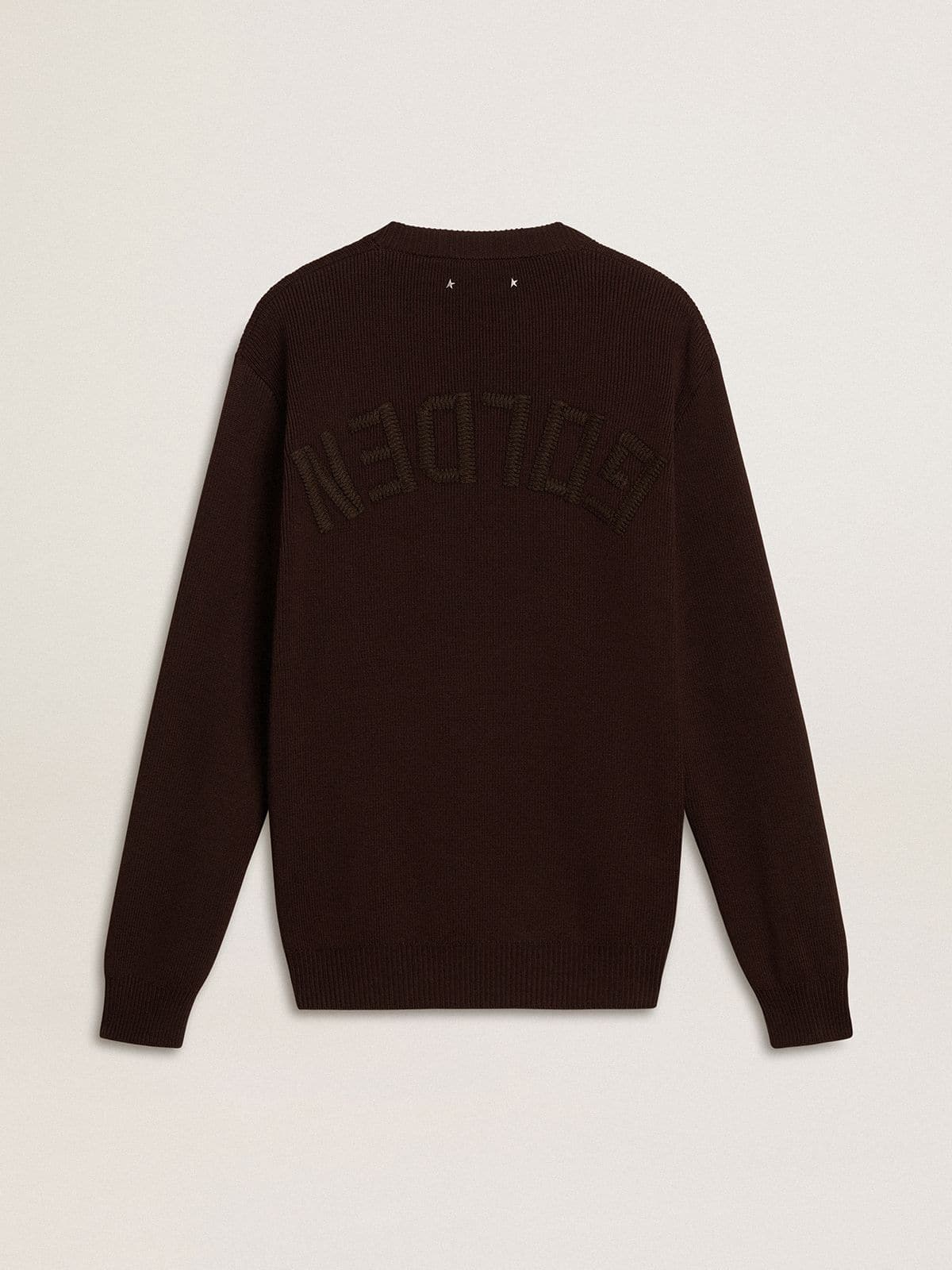 Golden Goose Men's brown crew-neck sweater with 'Golden' lettering on the back