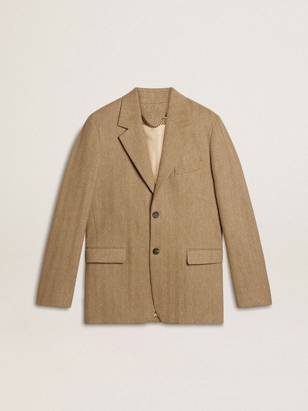 Golden Goose Men's single-breasted blazer in a sand-colored chevron linen blend.