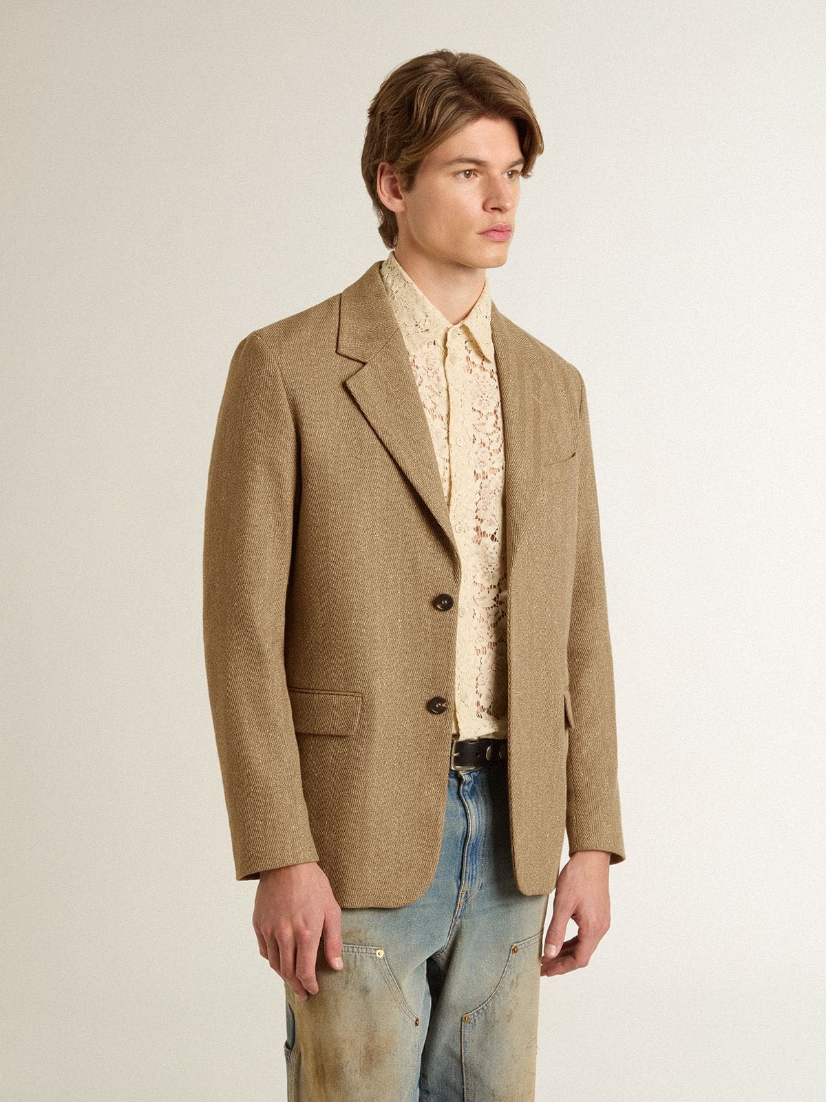 Golden Goose Men's single-breasted blazer in a sand-colored chevron linen blend.