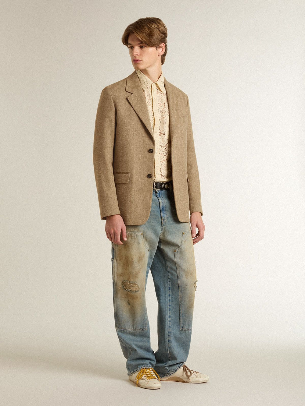 Golden Goose Men's single-breasted blazer in a sand-colored chevron linen blend.