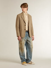 Golden Goose Men's single-breasted blazer in a sand-colored chevron linen blend.