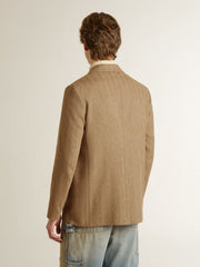 Golden Goose Men's single-breasted blazer in a sand-colored chevron linen blend.