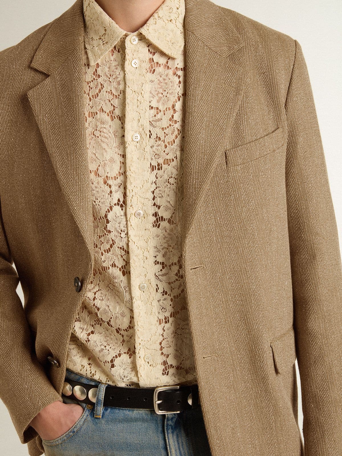 Golden Goose Men's single-breasted blazer in a sand-colored chevron linen blend.