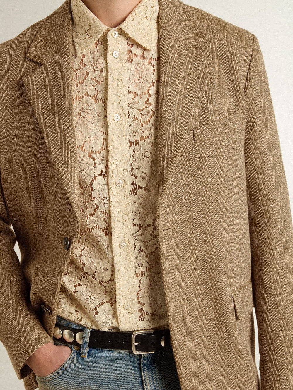 Golden Goose Men's single-breasted blazer in a sand-colored chevron linen blend.