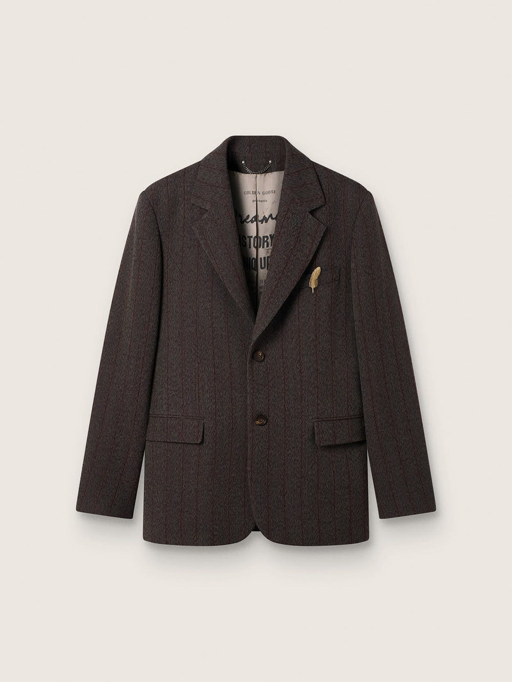 Golden Goose Men's single-breasted blazer in dark brown wool with thin stripe pattern
