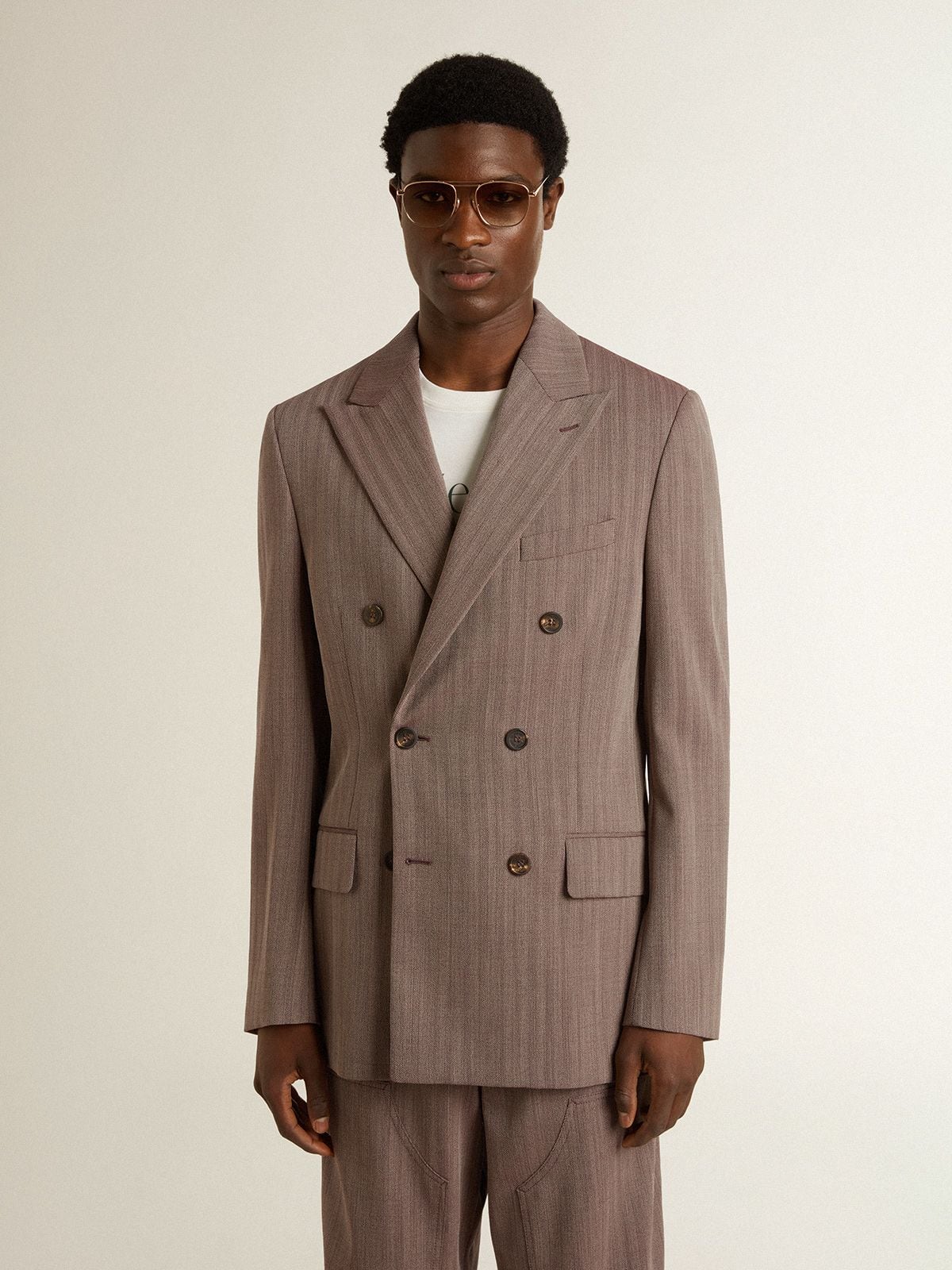 Golden Goose Men's beige chevron wool blend double-breasted blazer