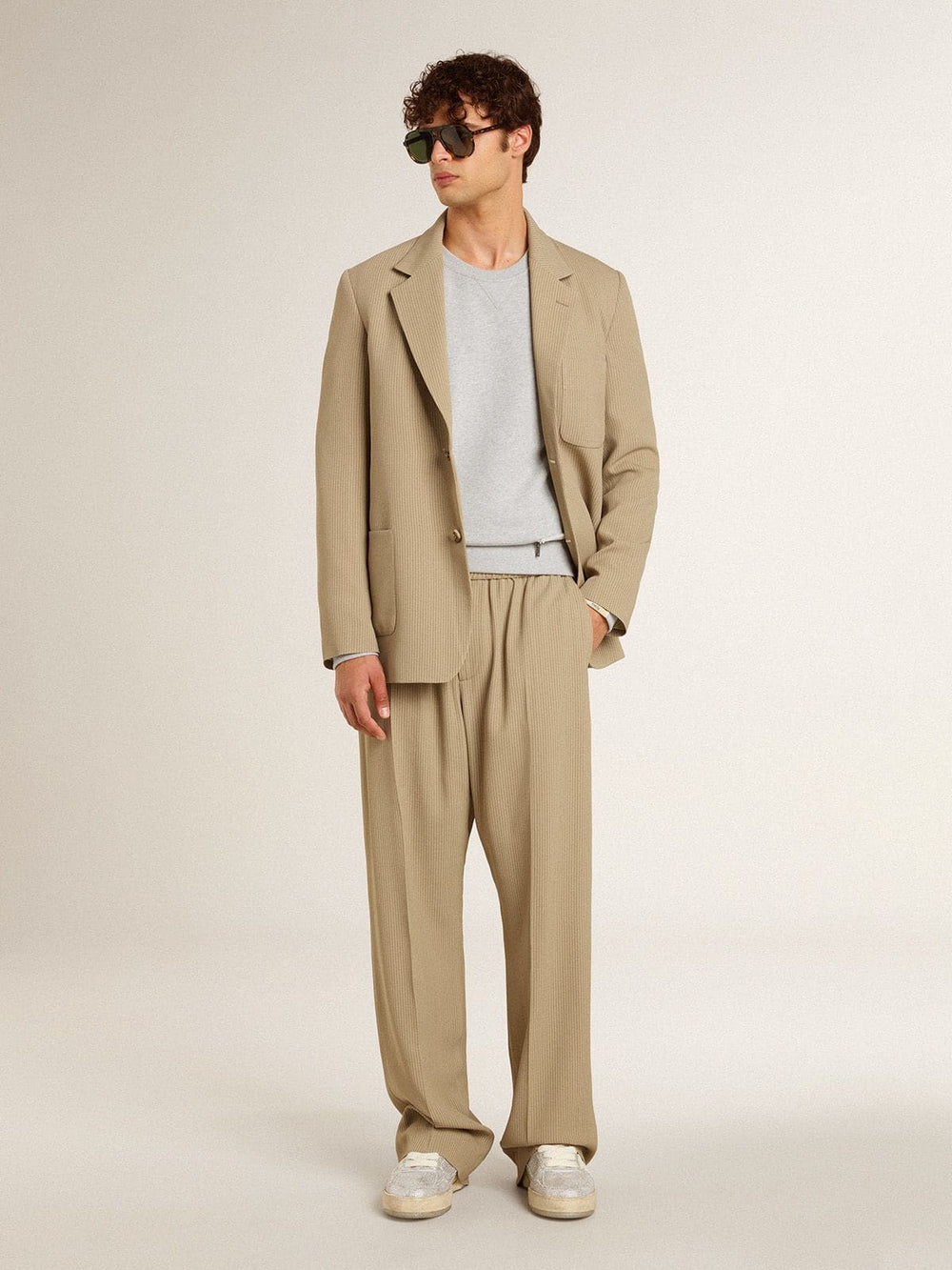 Golden Goose Men's beige pinstripe single-breasted jacket with an oversized fit