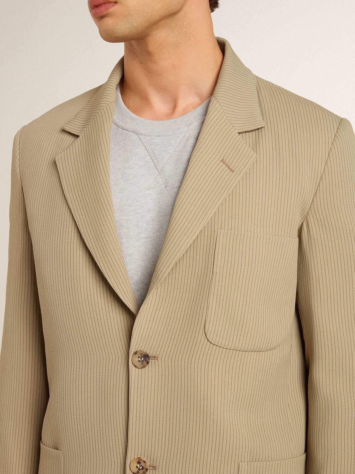 Golden Goose Men's beige pinstripe single-breasted jacket with an oversized fit