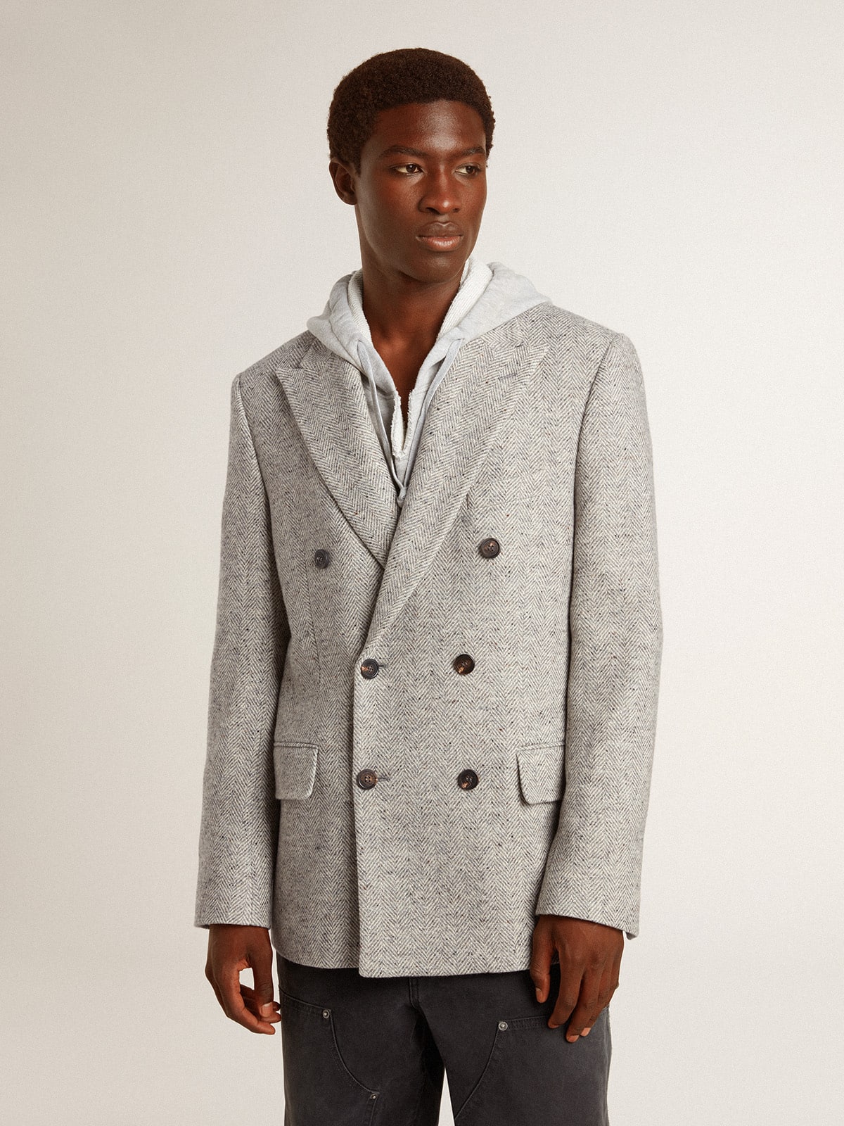 Golden Goose Men's double-breasted jacket in gray silk and chevron wool