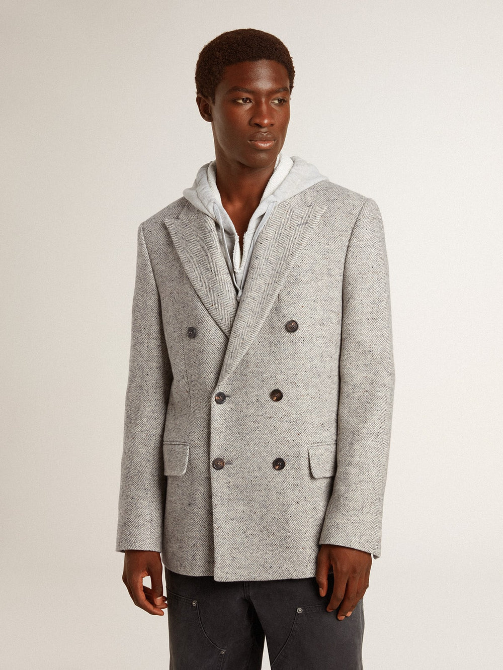 Golden Goose Men's double-breasted jacket in gray silk and chevron wool