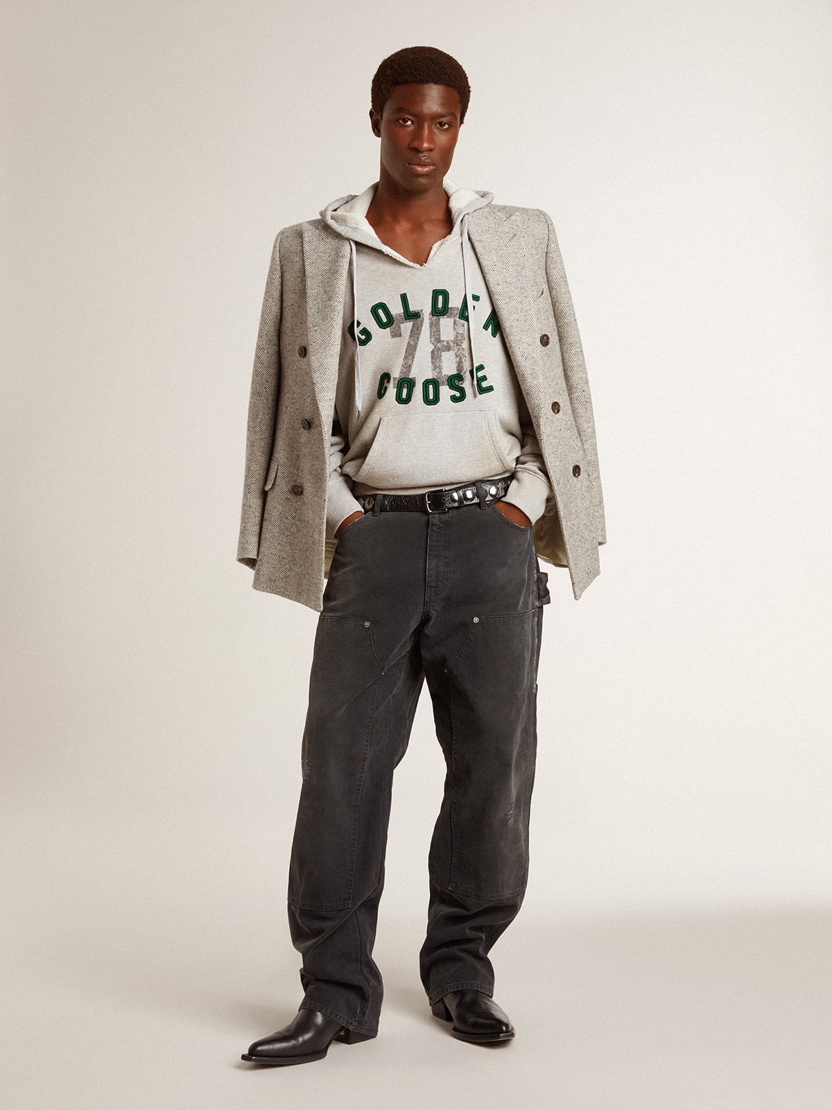 Golden Goose Men's double-breasted jacket in gray silk and chevron wool