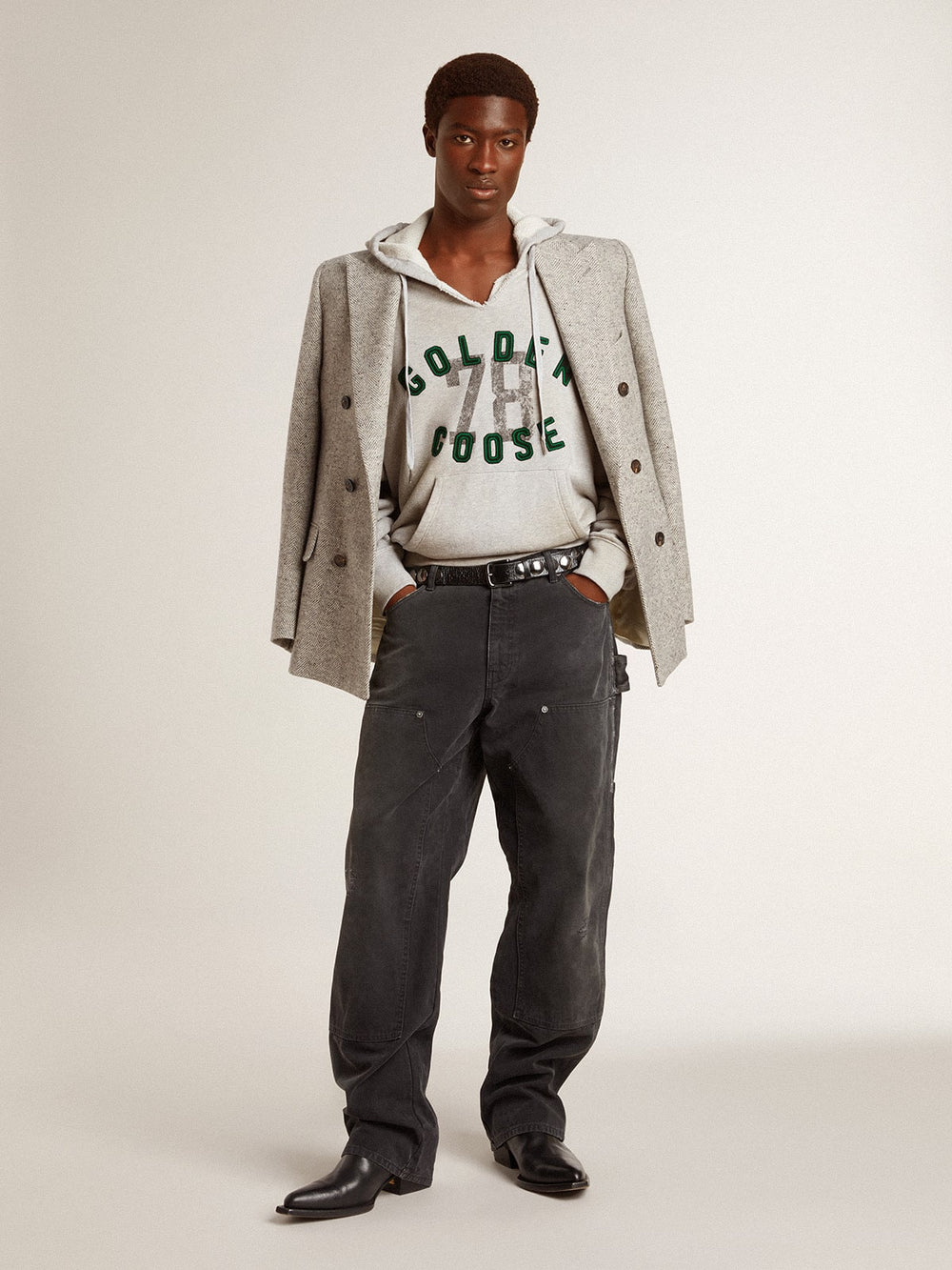 Golden Goose Men's double-breasted jacket in gray silk and chevron wool