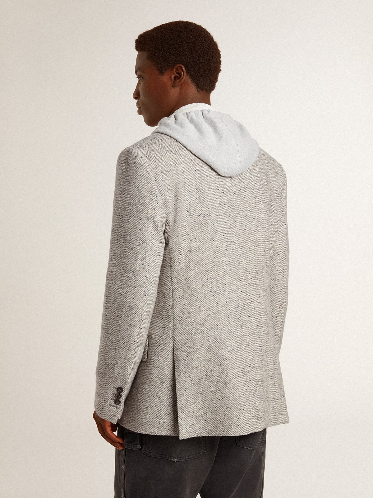 Golden Goose Men's double-breasted jacket in gray silk and chevron wool