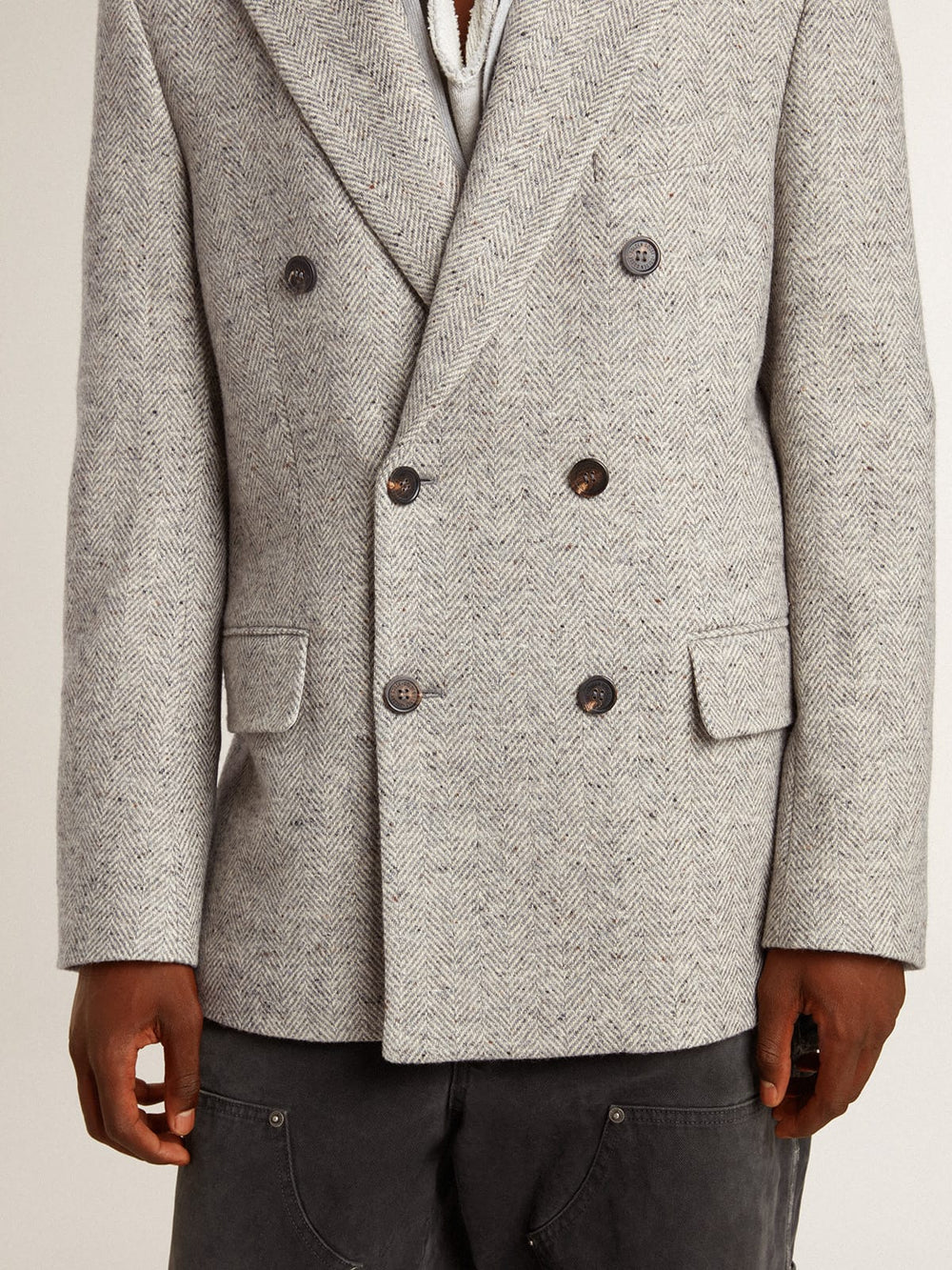 Golden Goose Men's double-breasted jacket in gray silk and chevron wool