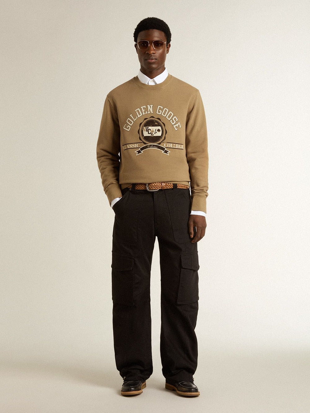 Golden Goose Men's beige cotton sweatshirt with print on the front