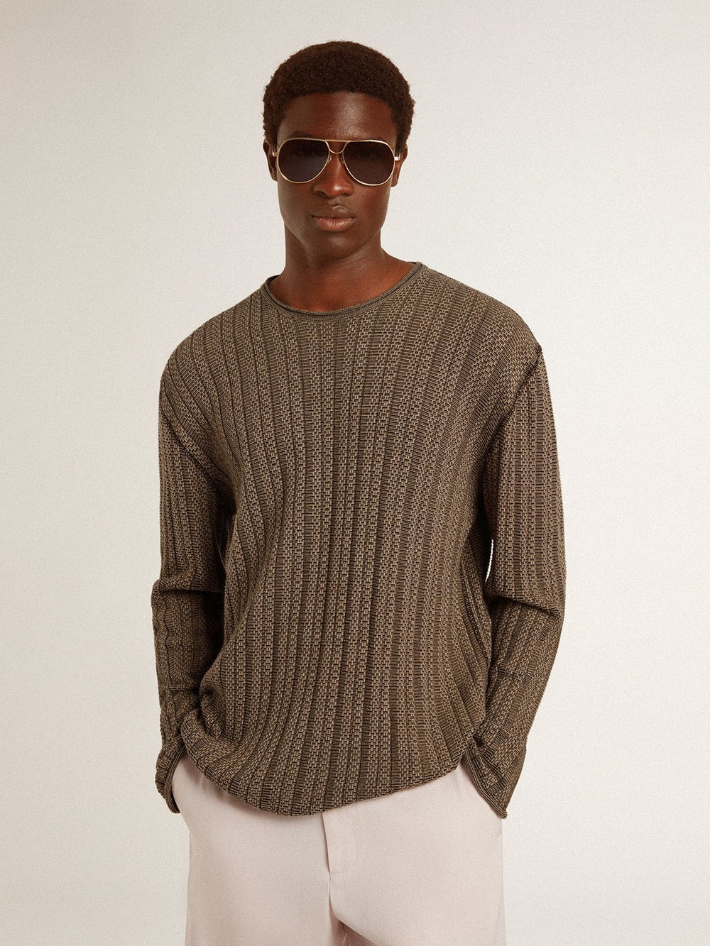 Golden Goose Men's travertine-colored sweater with 'Golden' patch lettering on the back
