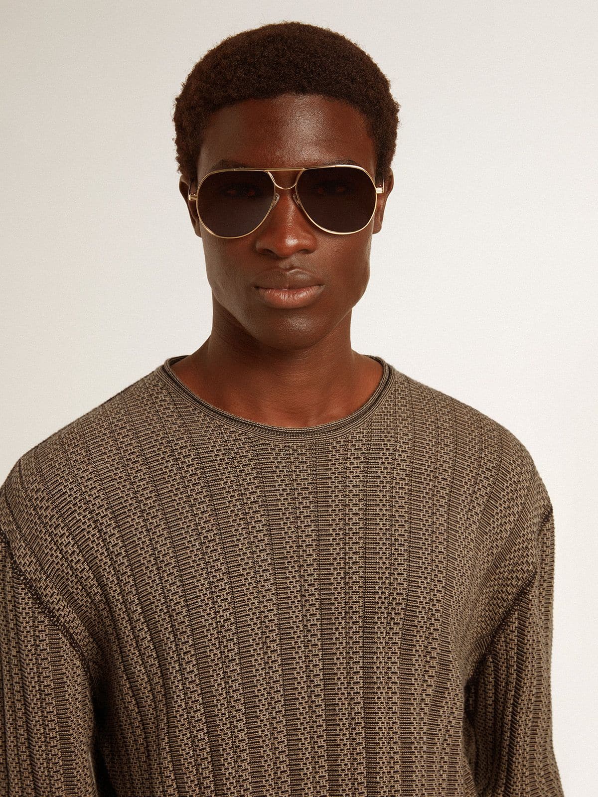 Golden Goose Men's travertine-colored sweater with 'Golden' patch lettering on the back