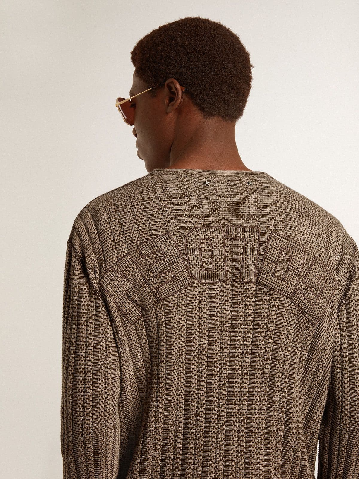 Golden Goose Men's travertine-colored sweater with 'Golden' patch lettering on the back