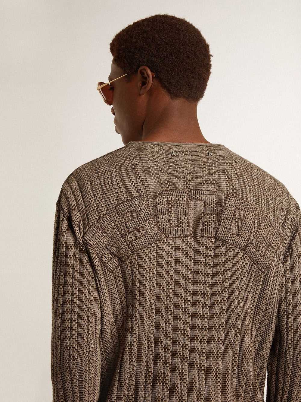 Golden Goose Men's travertine-colored sweater with 'Golden' patch lettering on the back