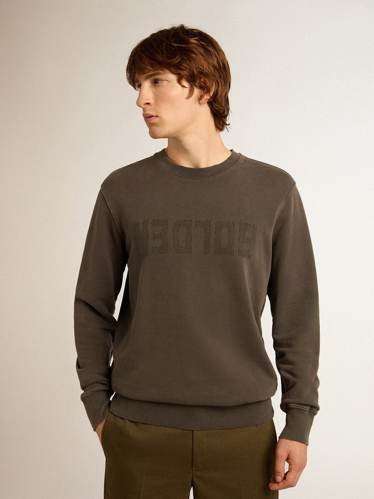 Golden Goose Men's gray sweatshirt with logo and distressed treatment