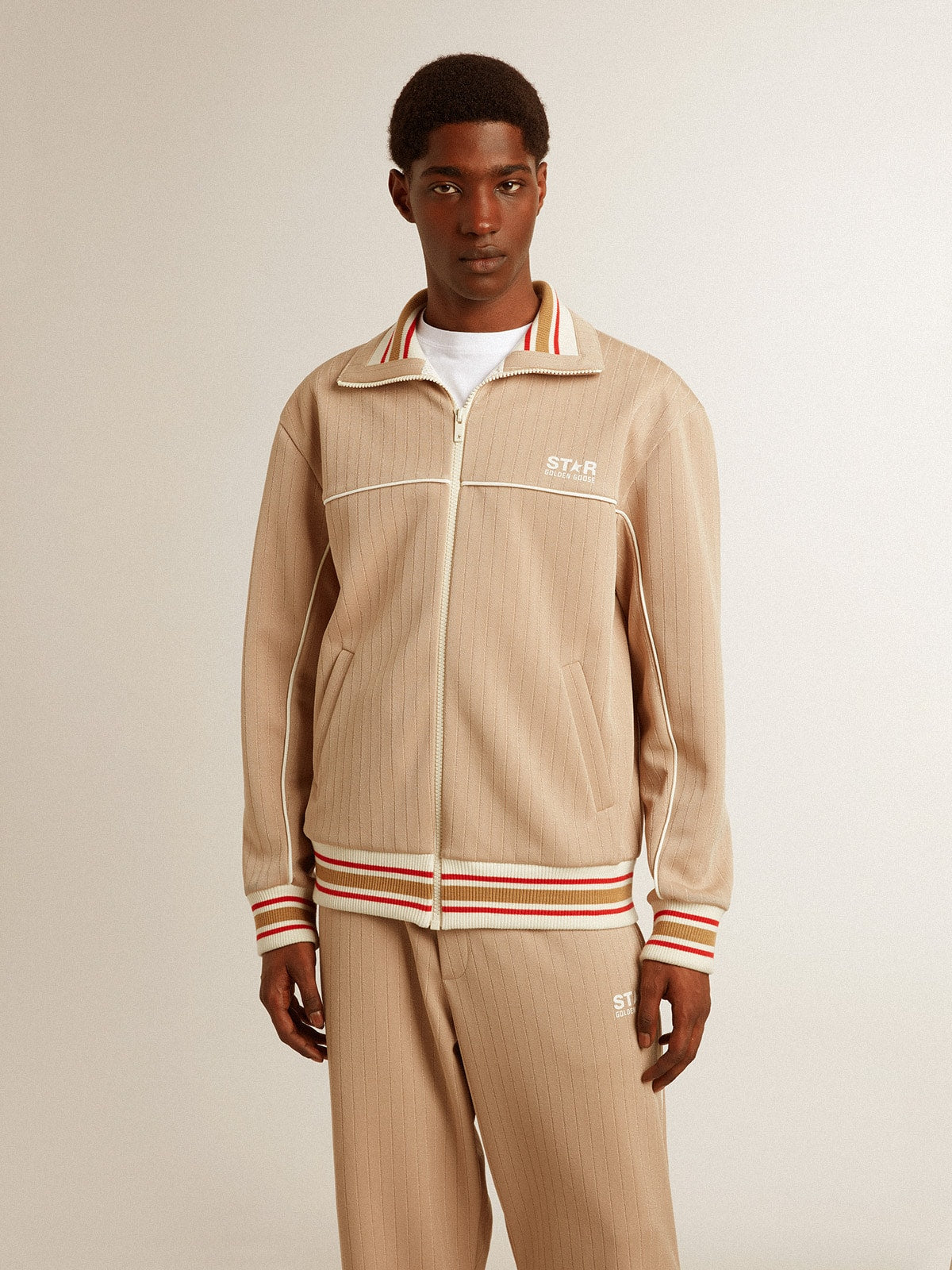 Golden Goose Men’s light beige zipped sweatshirt with white logo