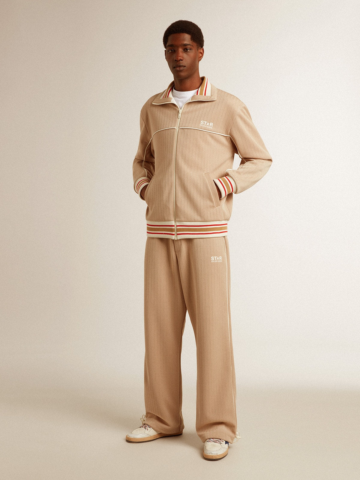 Golden Goose Men’s light beige zipped sweatshirt with white logo