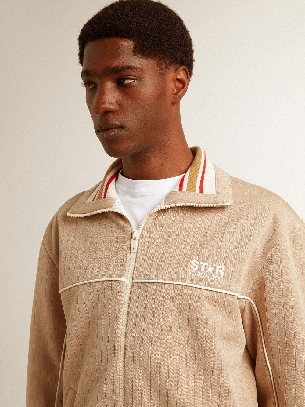 Golden Goose Men’s light beige zipped sweatshirt with white logo