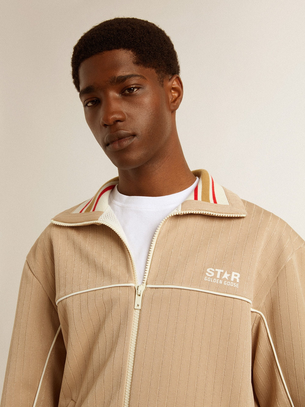 Golden Goose Men’s light beige zipped sweatshirt with white logo