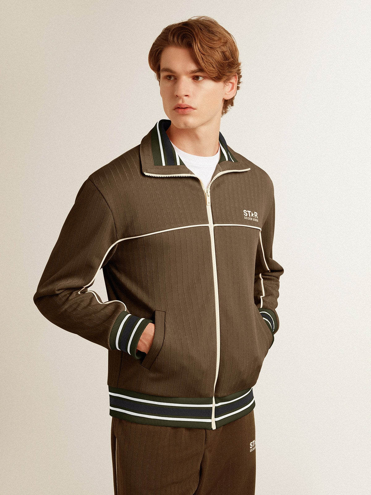Golden Goose Men’s military green zipped sweatshirt with white logo