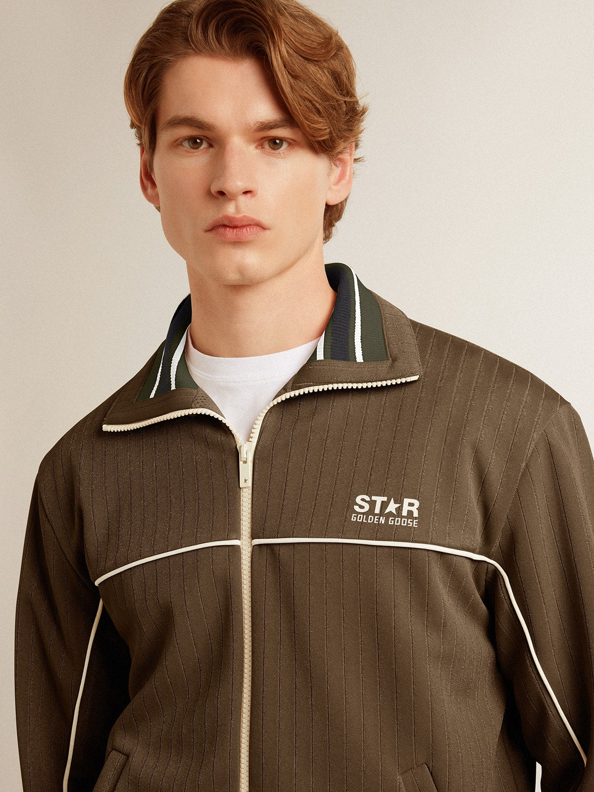 Golden Goose Men’s military green zipped sweatshirt with white logo
