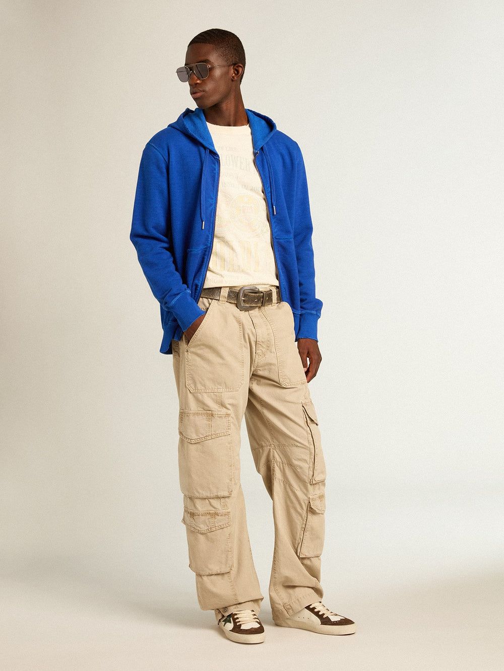 Golden Goose Men's blue-colored hoodie with lettering on the back