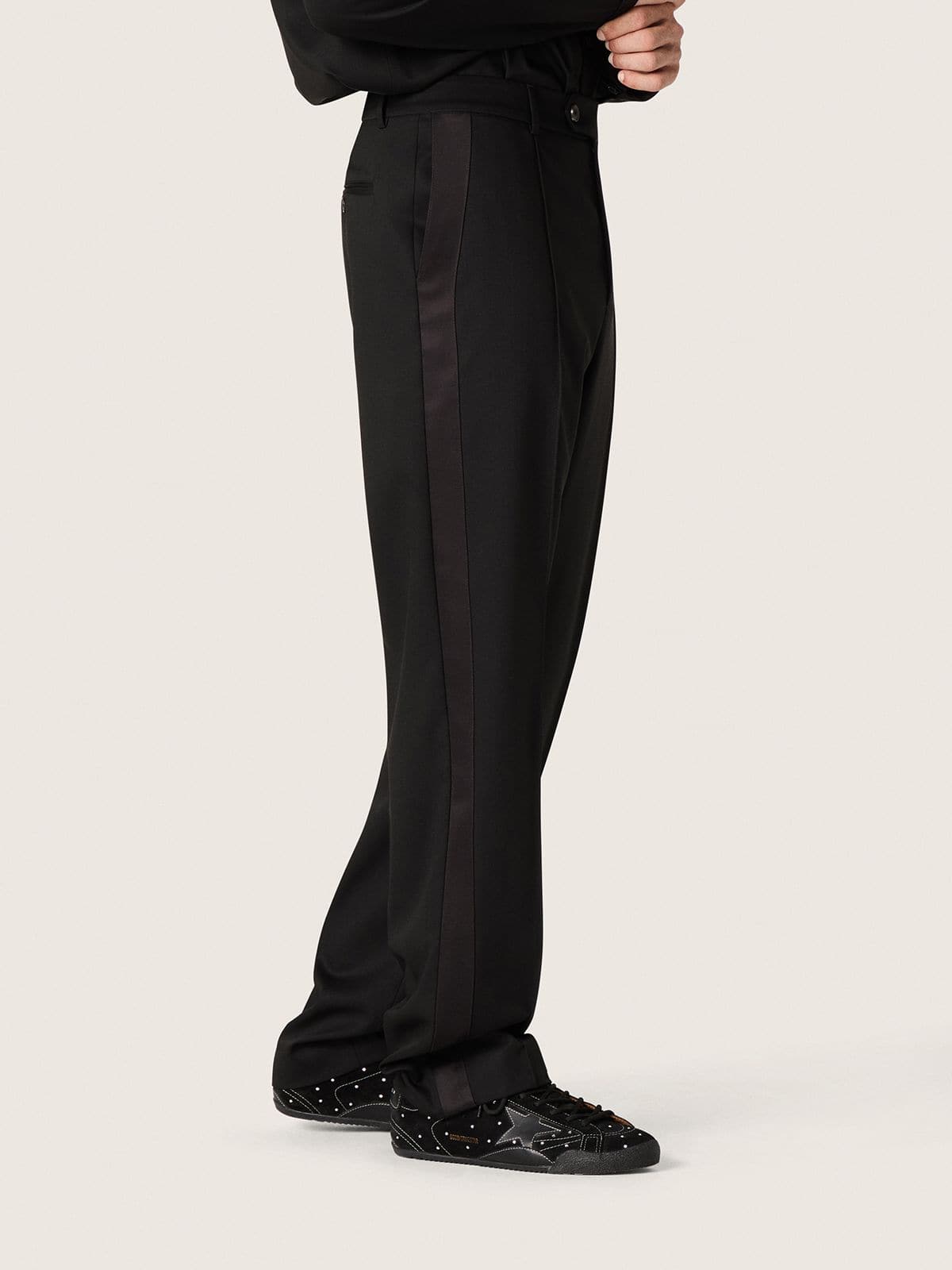 Golden Goose Men's pants in black cool wool with satin side stripe