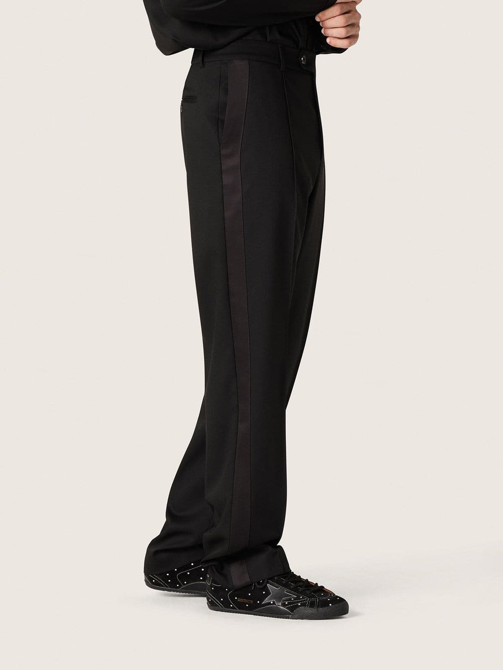 Golden Goose Men's pants in black cool wool with satin side stripe