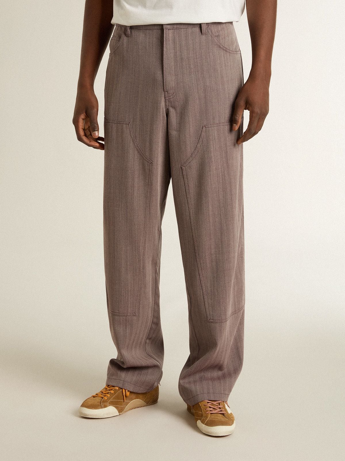 Golden Goose Men’s wool blend pants in light brown micro chevron