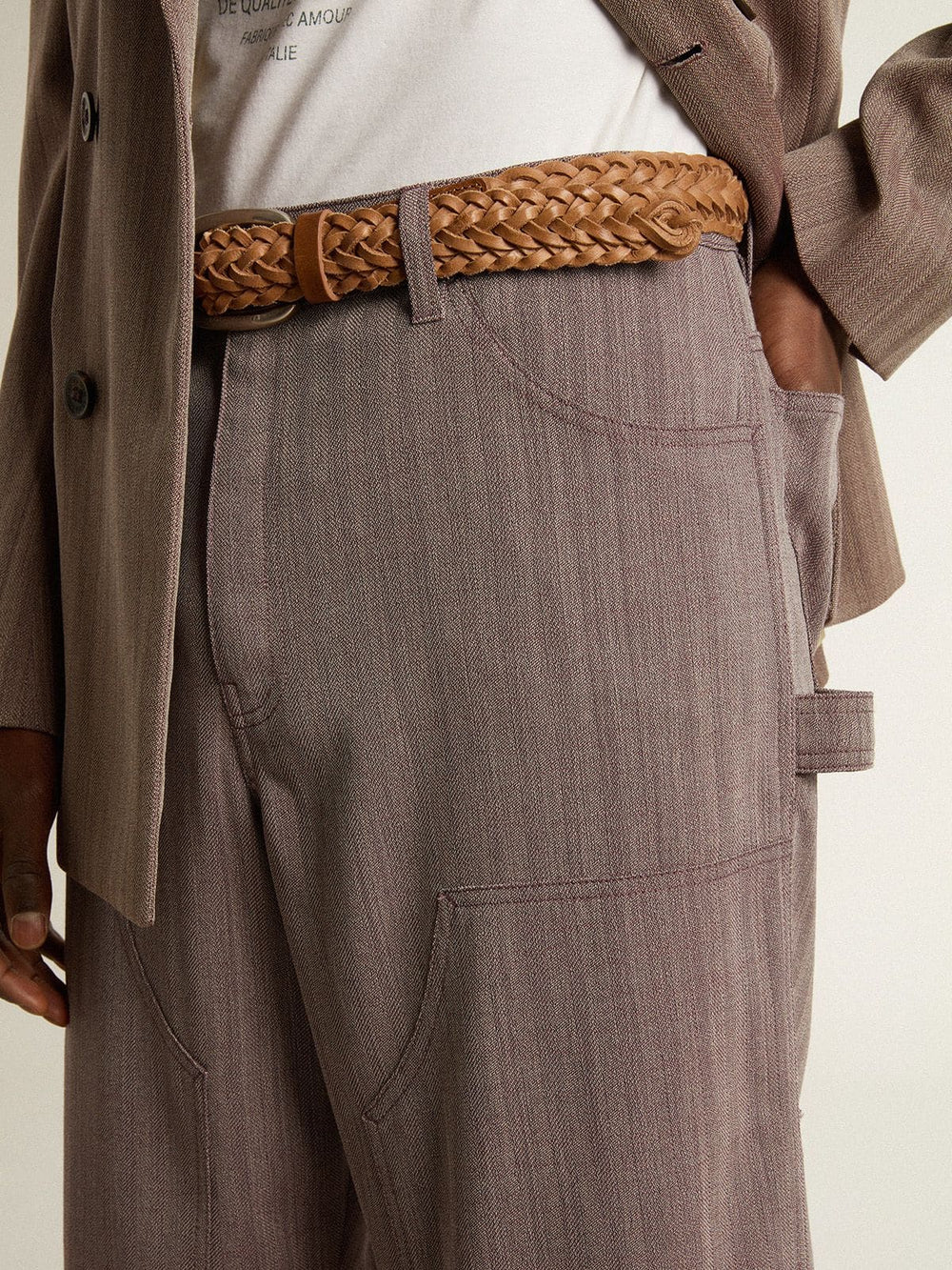 Golden Goose Men’s wool blend pants in light brown micro chevron