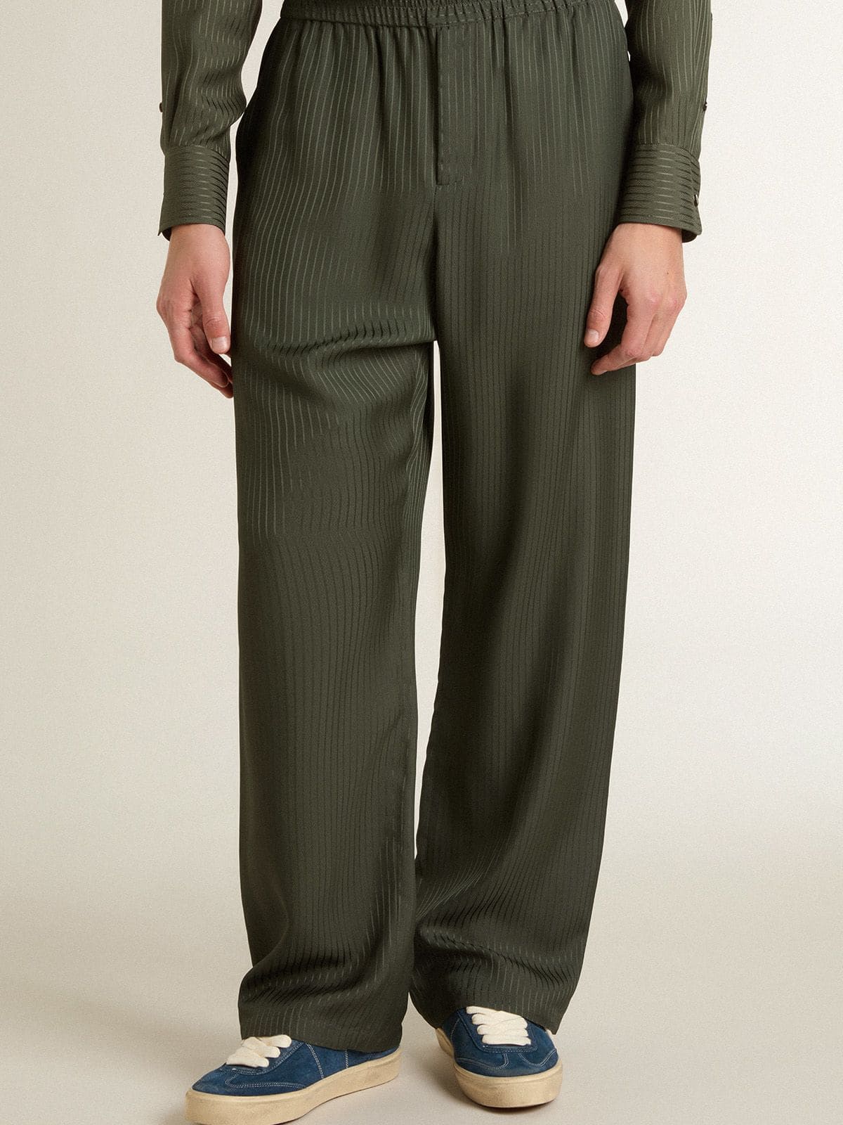 Golden Goose Men's dark green joggers with vertical stripes