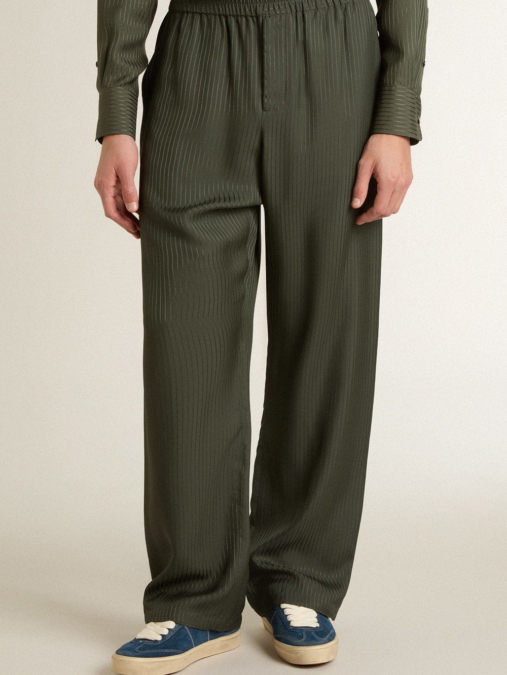Golden Goose Men's dark green joggers with vertical stripes