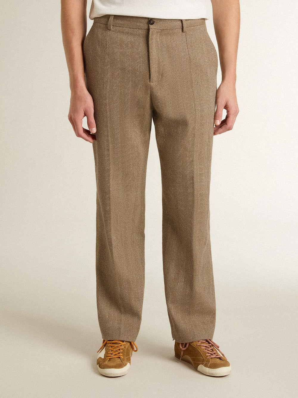 Golden Goose Tailored pants in sand-colored chevron linen blend
