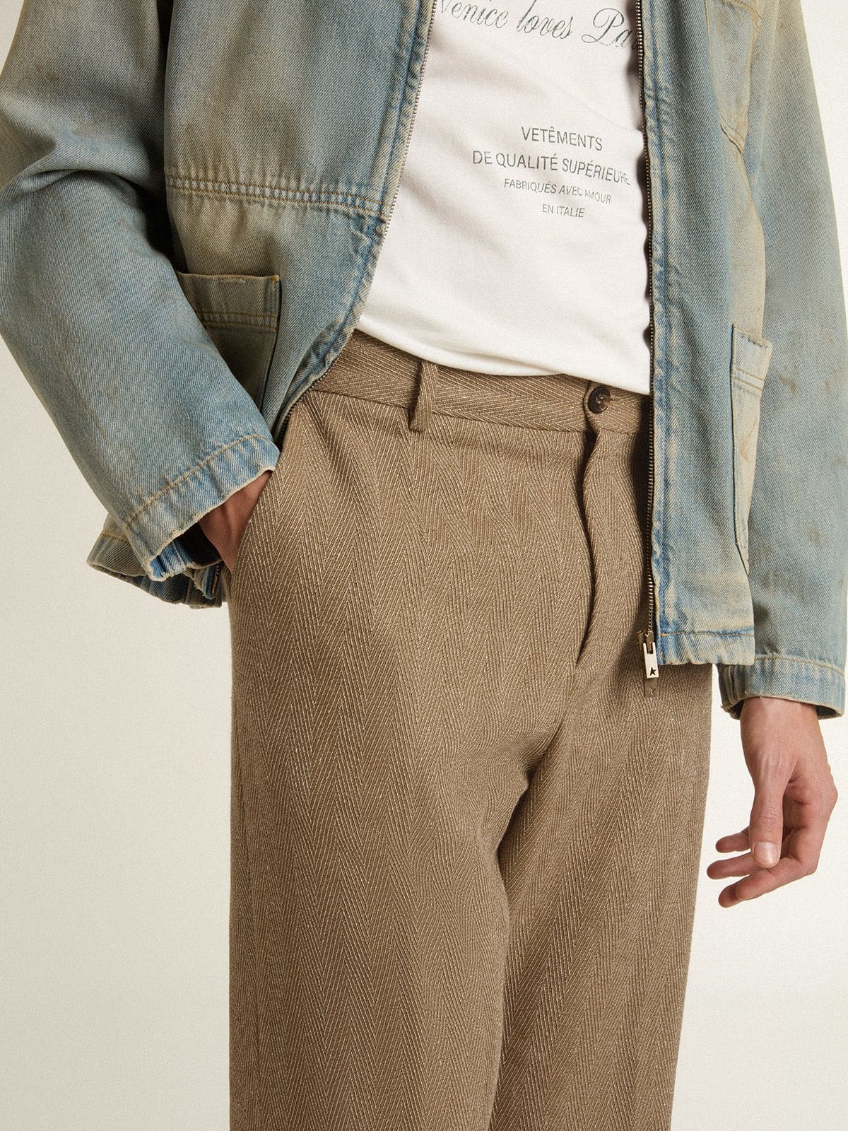 Golden Goose Tailored pants in sand-colored chevron linen blend