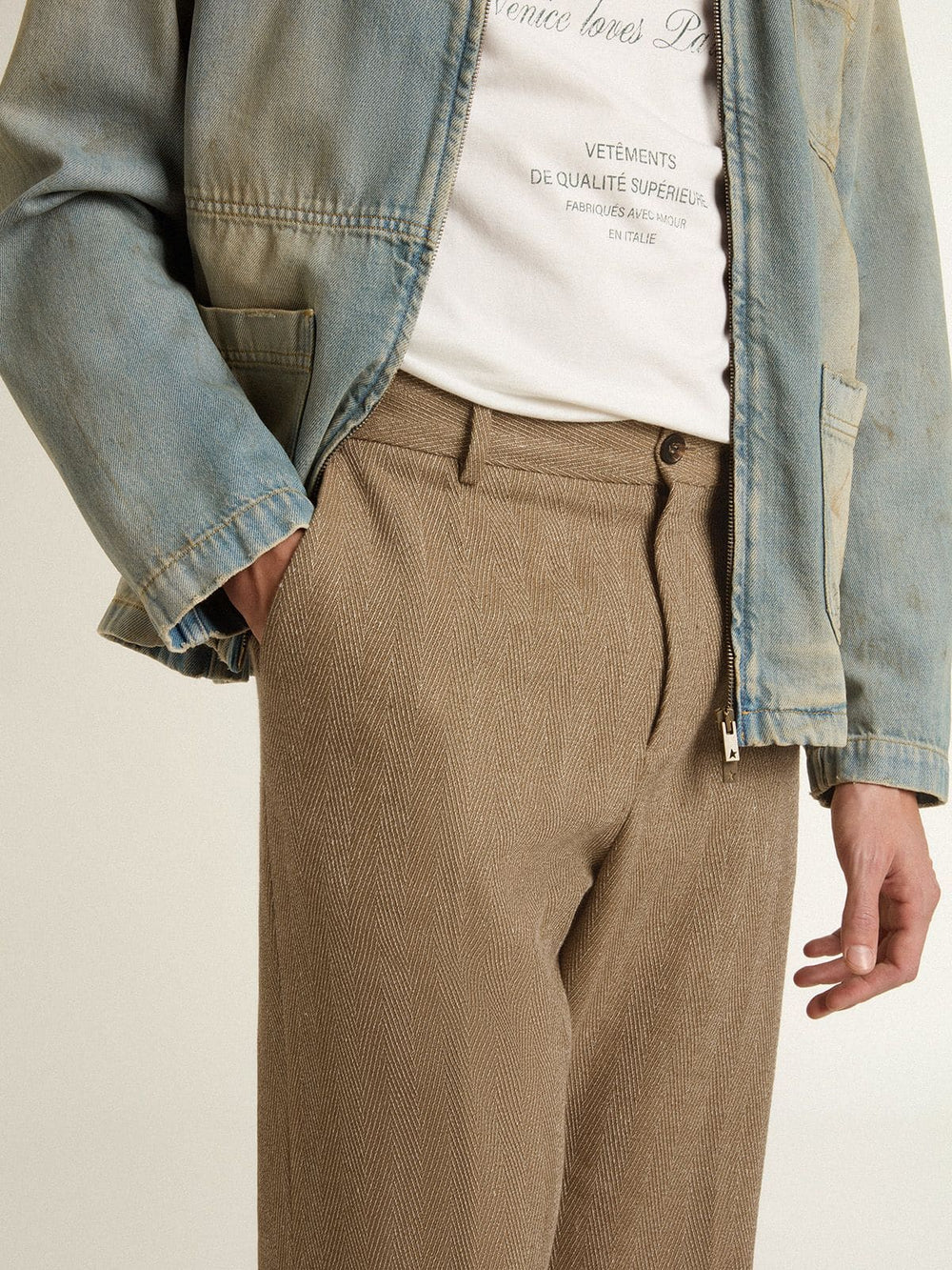 Golden Goose Tailored pants in sand-colored chevron linen blend