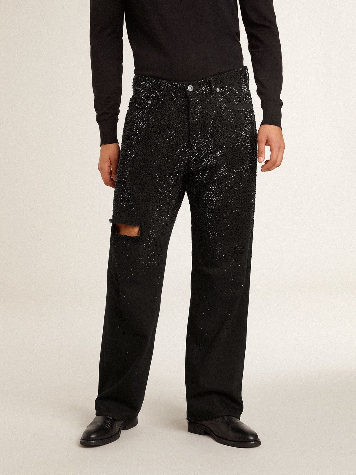 Golden Goose Men's black jeans with a loose fit and gradient effect all-over crystals
