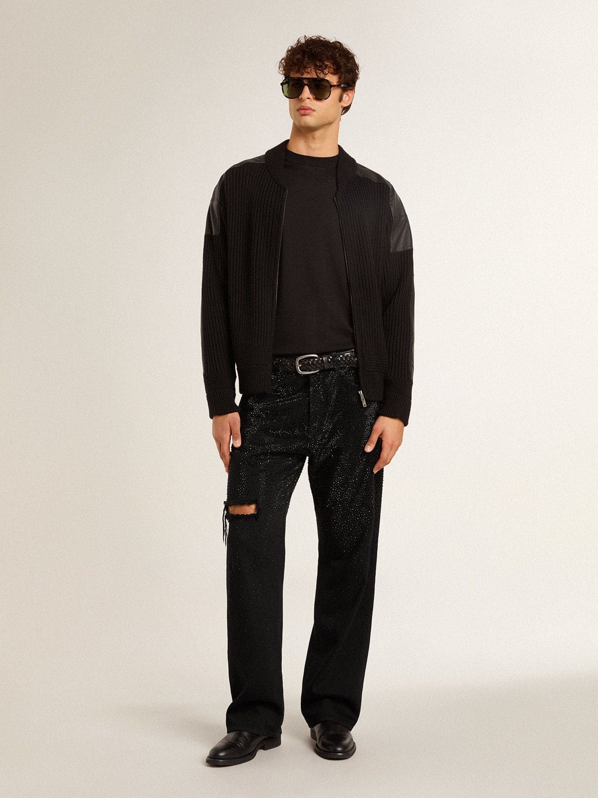 Golden Goose Men's black jeans with a loose fit and gradient effect all-over crystals