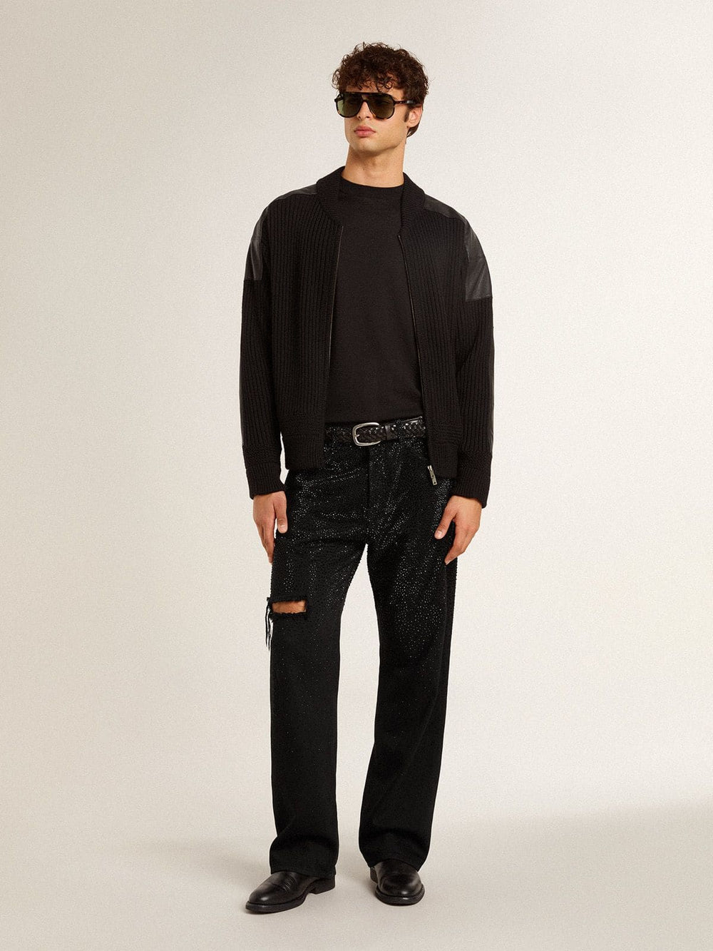 Golden Goose Men's black jeans with a loose fit and gradient effect all-over crystals