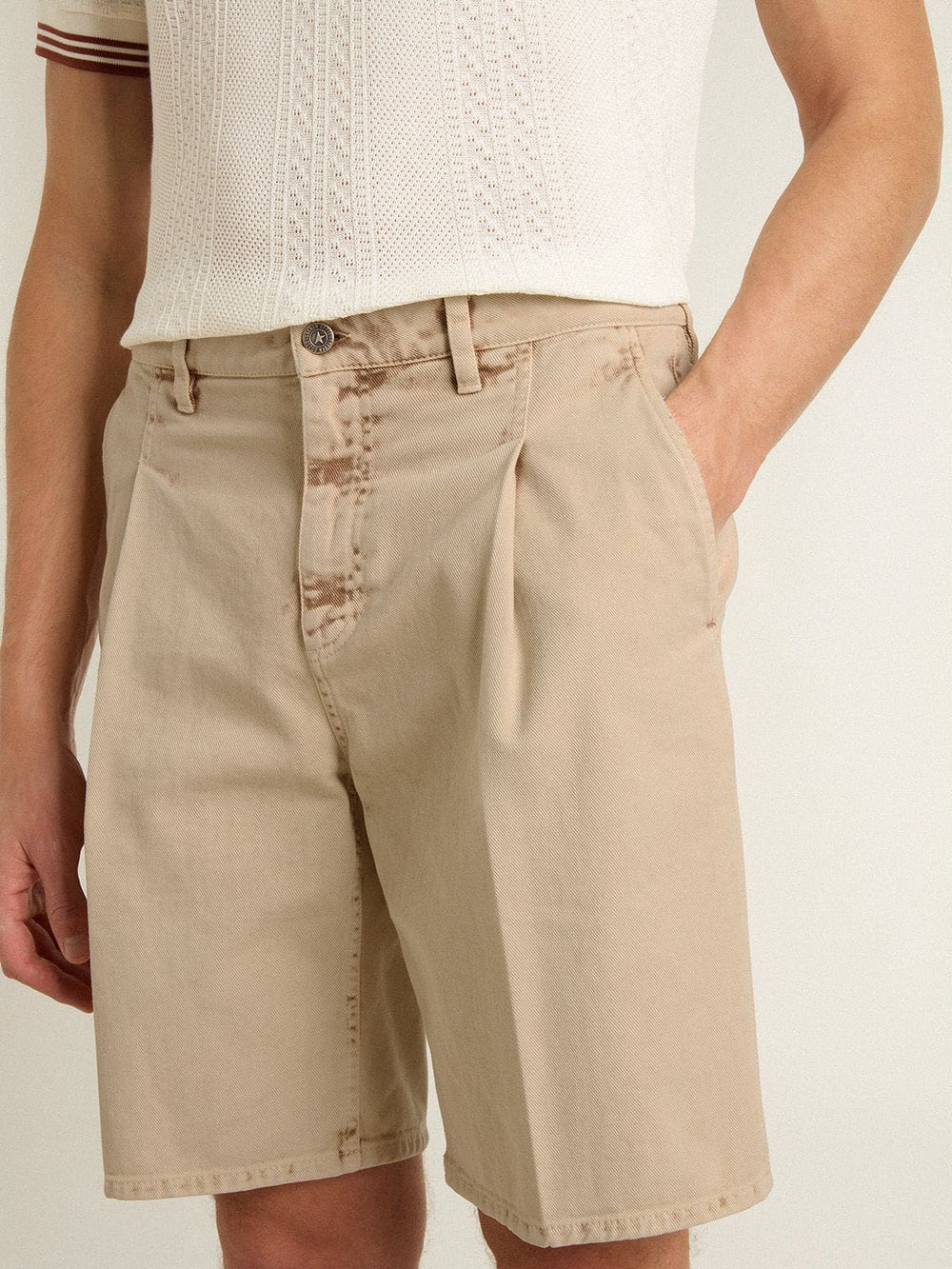Golden Goose Men's Bermuda shorts in beige denim with a lived-in look finish