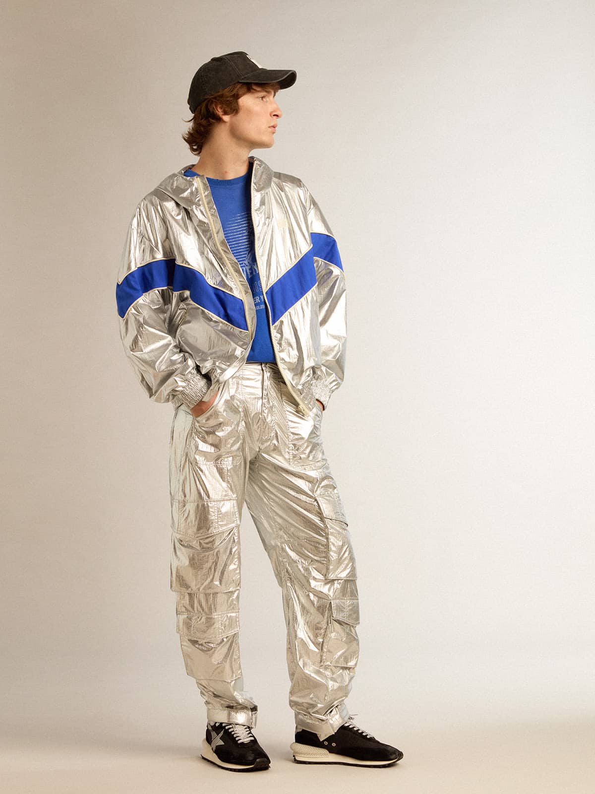 Golden Goose Men's cargo pants in silver technical fabric